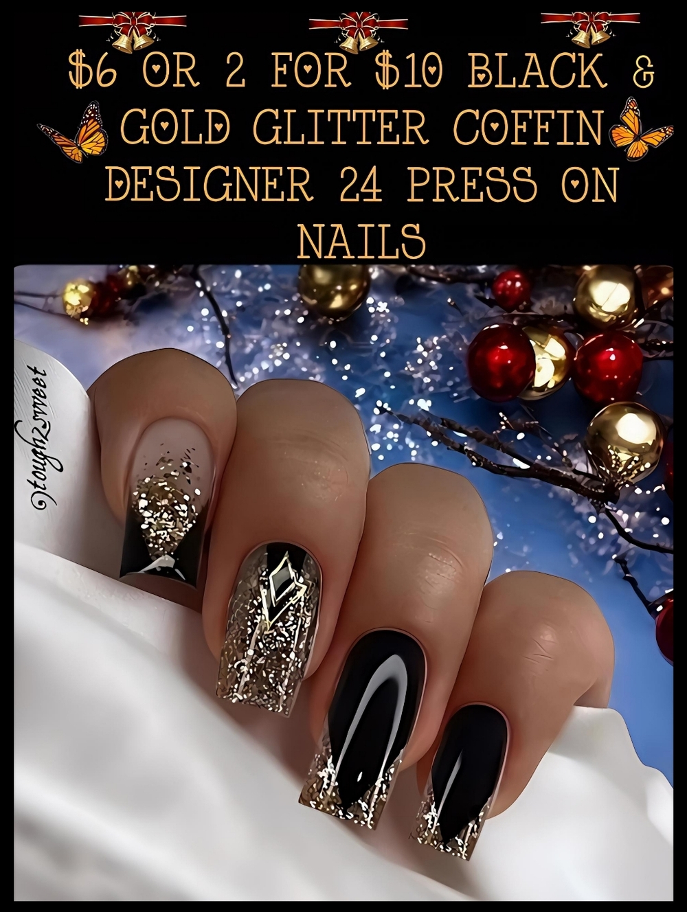 🆕$6 OR 2 FOR $10 BLACK & GOLD GLITTER COFFIN DESIGNER 24 PRESS ON NAILS